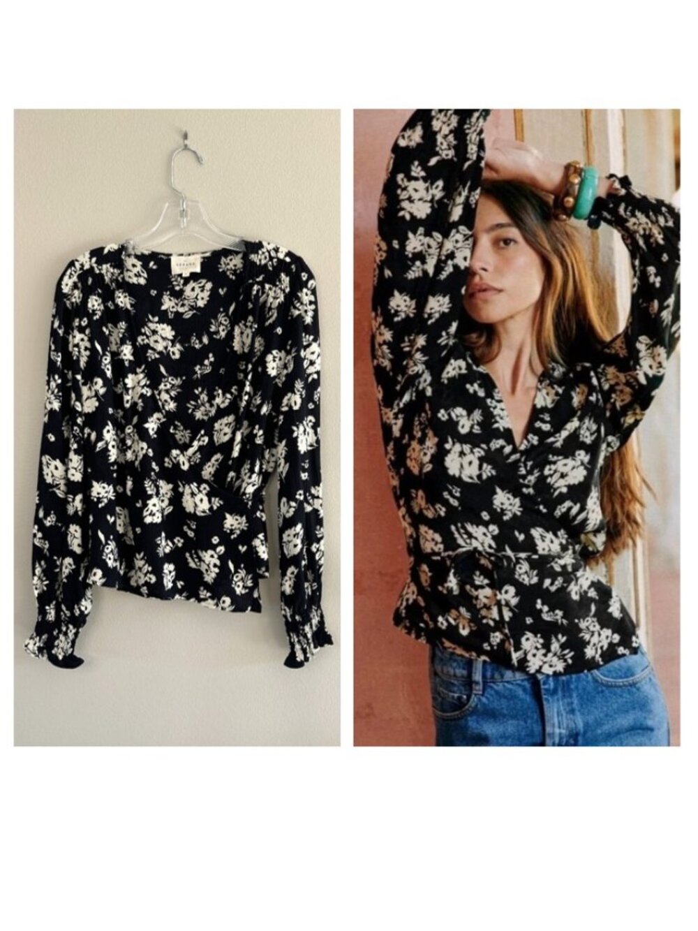 Sezane Dafne Black Floral Wrap Blouse, US 4